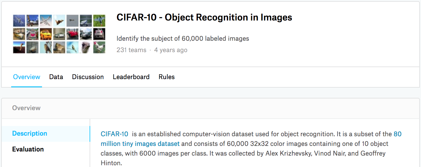 CIFAR-10图像分类比赛的网页信息。比赛数据集可通过点击“Data”标签获取