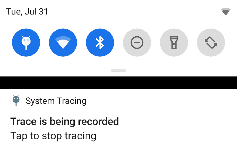 Notification with the message 'Trace is being recorded. Tap to stop tracing.'